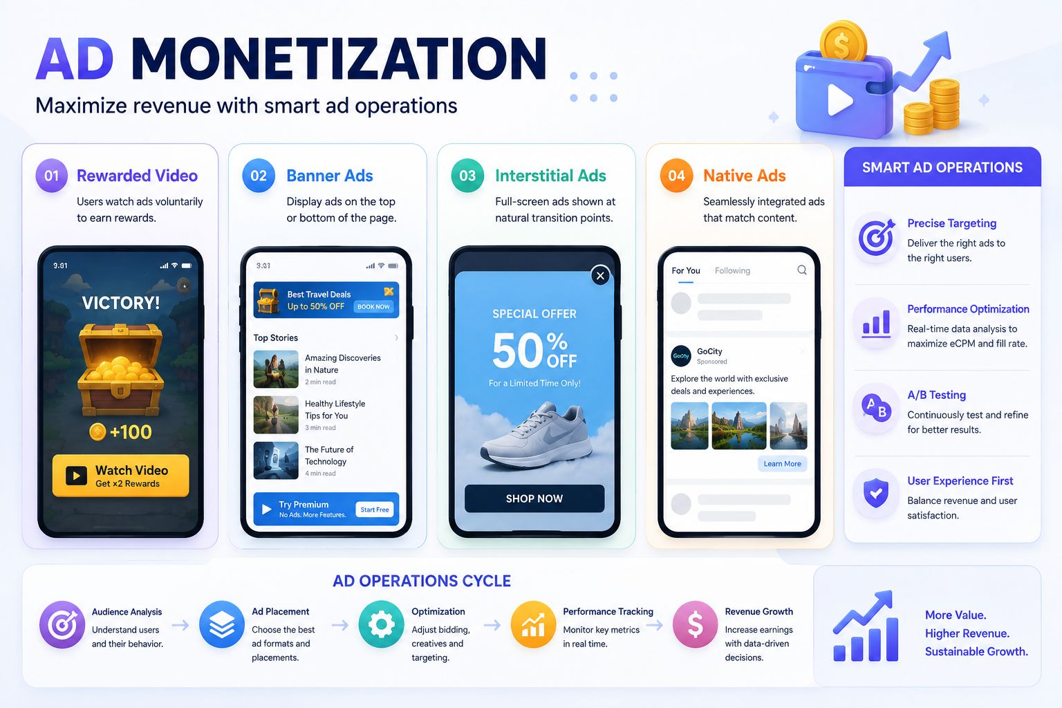 Ad monetization operations with rewarded video, banner, interstitial, and native ads